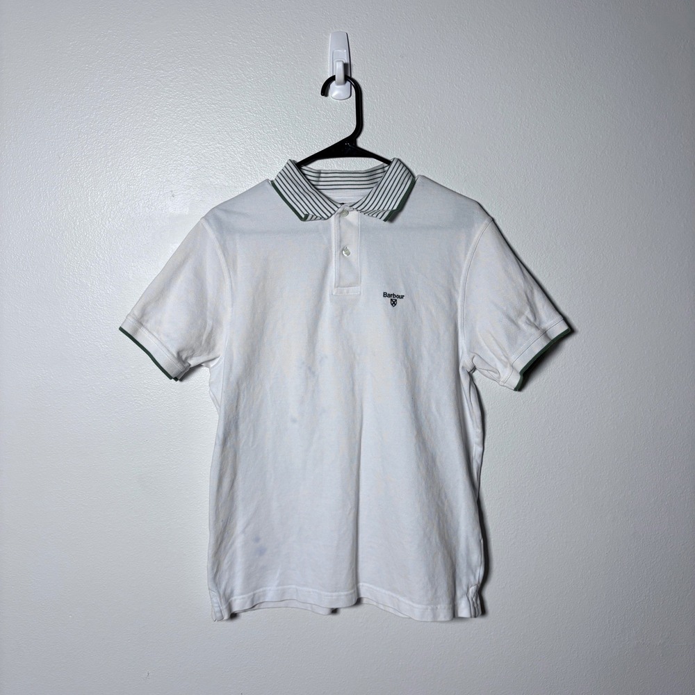 Barbour Mens White Pique Polo Shirt Green Striped Collar Large Made in Portugal